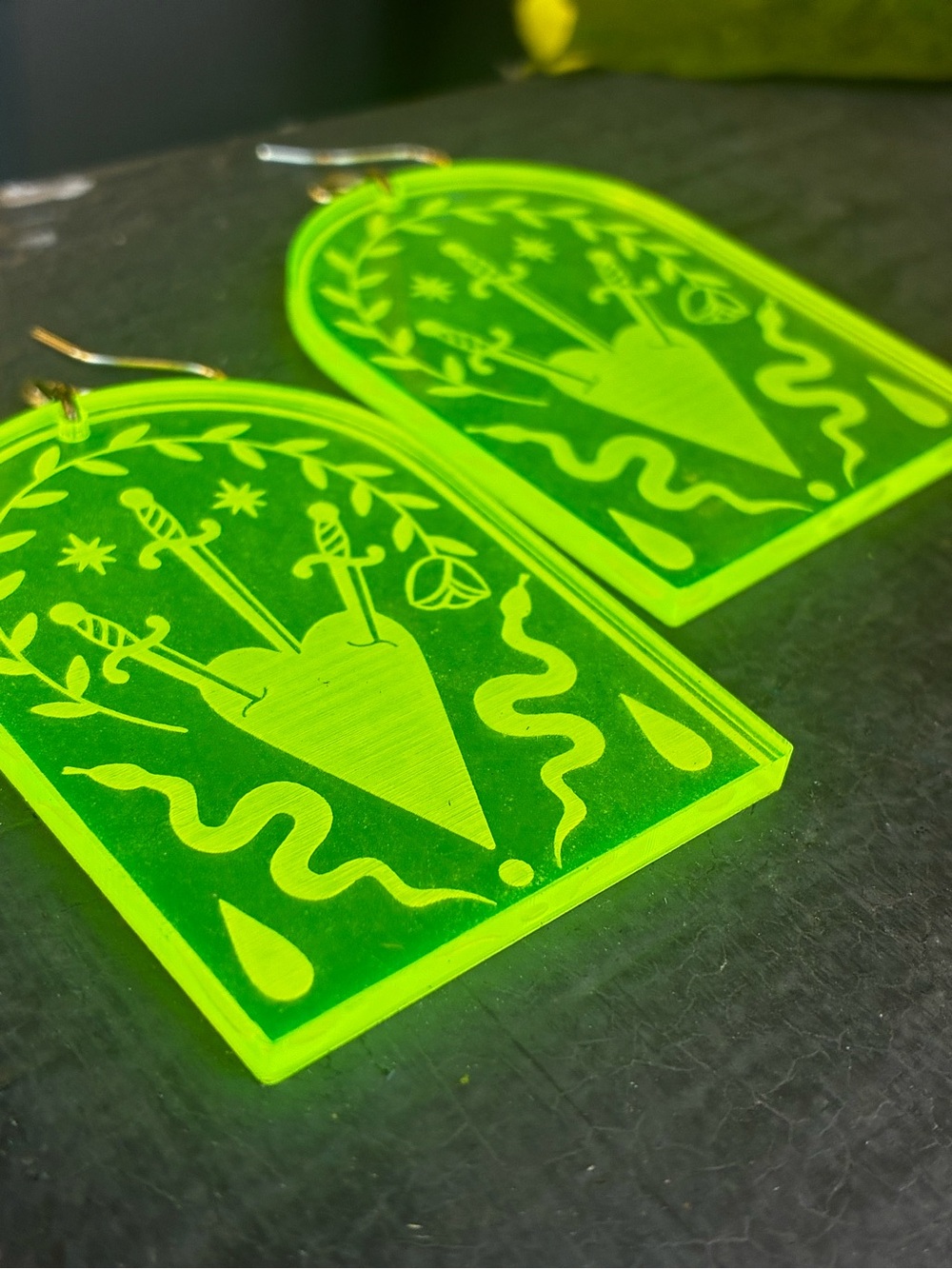 Neon Green While Odin Sleeps Acrylic Heart & Dagger Earrings